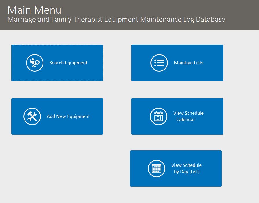 Marriage and Family Therapist Equipment Maintenance Log Tracking Database Template